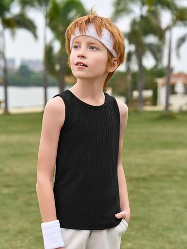 Haloumoning Boys Tank Tops Athletic Sleeveless Crewneck T-Shirts Kids Ribbed Knit Undershirts 5-14 Years in Saudi Arabia