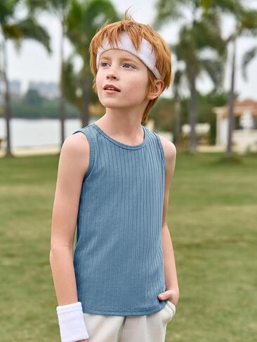 Haloumoning Boys Tank Tops Athletic Sleeveless Crewneck T-Shirts Kids Ribbed Knit Undershirts 5-14 Years in Saudi Arabia
