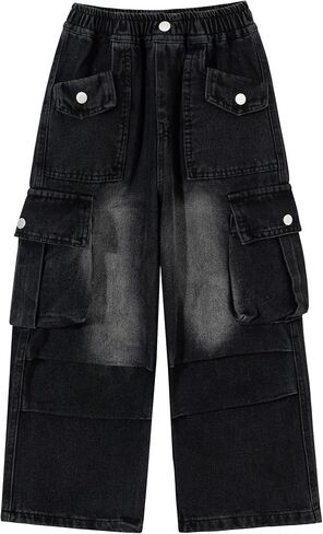 Girls Cargo Wide Leg Jeans Y2K Kids Loose Fit Boyfriend Denim Baggy Pants with Multi Pockets, 5-15Yrs in Saudi Arabia