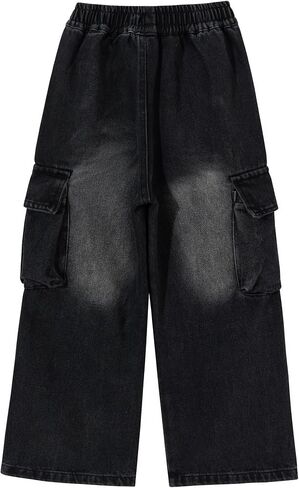 Girls Cargo Wide Leg Jeans Y2K Kids Loose Fit Boyfriend Denim Baggy Pants with Multi Pockets, 5-15Yrs in Saudi Arabia