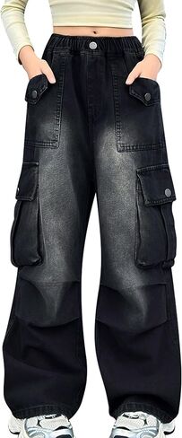 Girls Cargo Wide Leg Jeans Y2K Kids Loose Fit Boyfriend Denim Baggy Pants with Multi Pockets, 5-15Yrs in Saudi Arabia