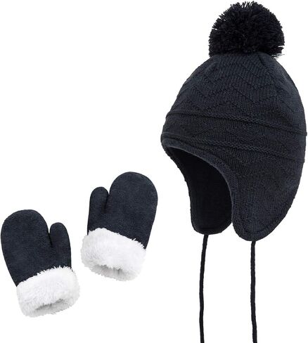 jerague Hats and Gloves Set for Kids Toddler Baby Girls Boys Warm Earflap Beanie Fleece Hats Mittens in Kuwait