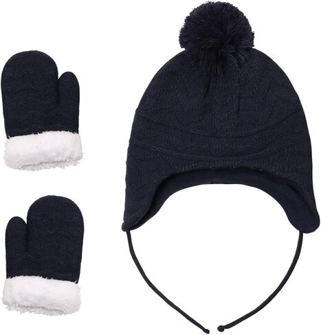 jerague Hats and Gloves Set for Kids Toddler Baby Girls Boys Warm Earflap Beanie Fleece Hats Mittens in Kuwait