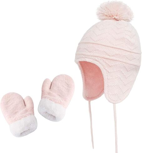jerague Hats and Gloves Set for Kids Toddler Baby Girls Boys Warm Earflap Beanie Fleece Hats Mittens in Kuwait