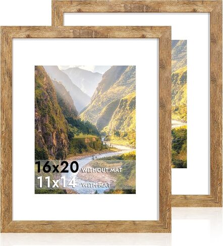 16x20 Picture Frame Set of 2 with Plexiglass, Display Pictures 11x14 with Mat or 16 x 20 Without Mat, Rustic Brown Poster Frame for Photo Wall Gallery Mounting in Kuwait