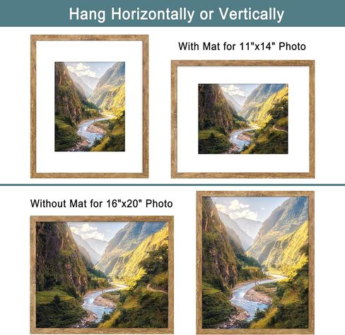 16x20 Picture Frame Set of 2 with Plexiglass, Display Pictures 11x14 with Mat or 16 x 20 Without Mat, Rustic Brown Poster Frame for Photo Wall Gallery Mounting in Kuwait