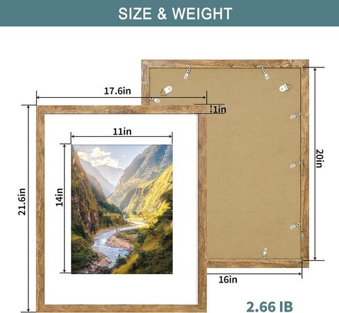 16x20 Picture Frame Set of 2 with Plexiglass, Display Pictures 11x14 with Mat or 16 x 20 Without Mat, Rustic Brown Poster Frame for Photo Wall Gallery Mounting in Kuwait