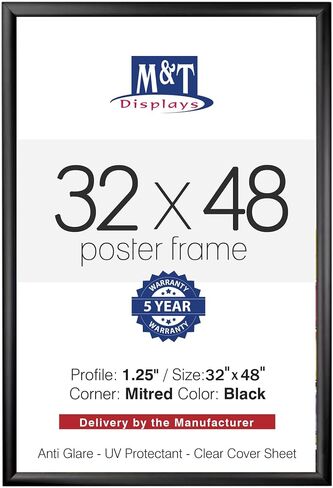 M&T Displays Snap Poster Frame Black 1.25" Aluminum Profile Front Loading Wall Mounting Photo Picture Document Certificate Sign Holder Mitered Corner Anti Glare Cover (Black, 32x48 in) in Kuwait