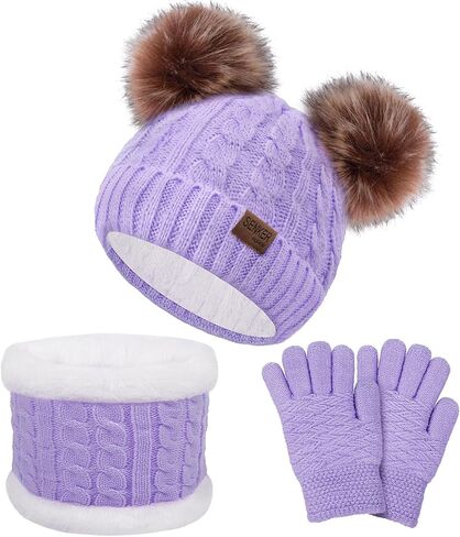 3 Pcs Kids Winter Beanie Hat Scarf Gloves Set for Girls Boys Knit Warm Pompom Toddler Hats Mittens Neck Warmer in Saudi Arabia