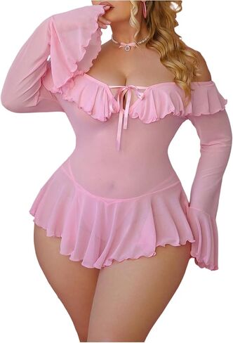 Shenhe Women's Plus Size Longe Sleeve Lingerie Mesh Mesh Cheer Babydoll Lightgown Nightdress مع ثونغ in Saudi Arabia