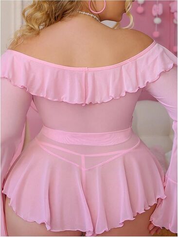 Shenhe Women's Plus Size Longe Sleeve Lingerie Mesh Mesh Cheer Babydoll Lightgown Nightdress مع ثونغ in Saudi Arabia