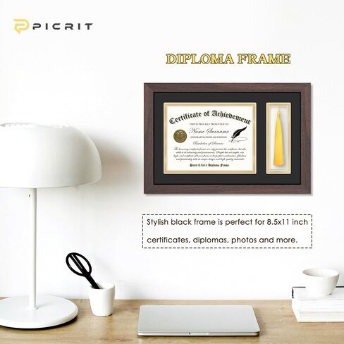 Picrit 11x14 Black Wood Diploma/Document Frame with Tempered Glass & Black over Gold Mat, and Display 15x18 Degree Certificate Frame without Mat for Wall, 1 pack in Kuwait