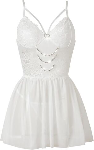 Women Sexy Lingerie, Heart Rhinestone Chain Lace Floral Embroidered Nightgown, Sheer Mesh Babydoll Dress Valentines in Kuwait