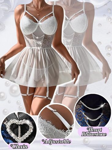 Women Sexy Lingerie, Heart Rhinestone Chain Lace Floral Embroidered Nightgown, Sheer Mesh Babydoll Dress Valentines in Kuwait