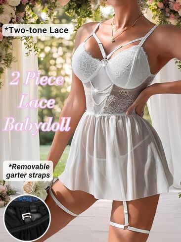 Women Sexy Lingerie, Heart Rhinestone Chain Lace Floral Embroidered Nightgown, Sheer Mesh Babydoll Dress Valentines in Kuwait