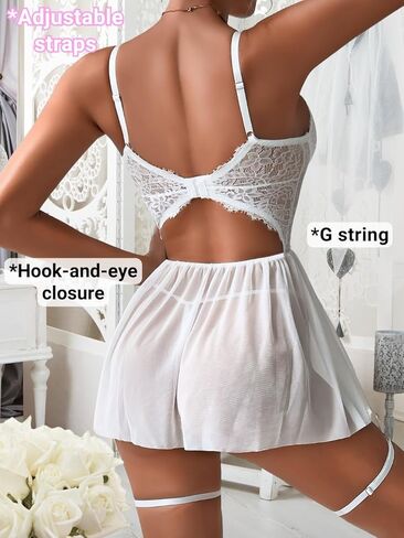 Women Sexy Lingerie, Heart Rhinestone Chain Lace Floral Embroidered Nightgown, Sheer Mesh Babydoll Dress Valentines in Kuwait