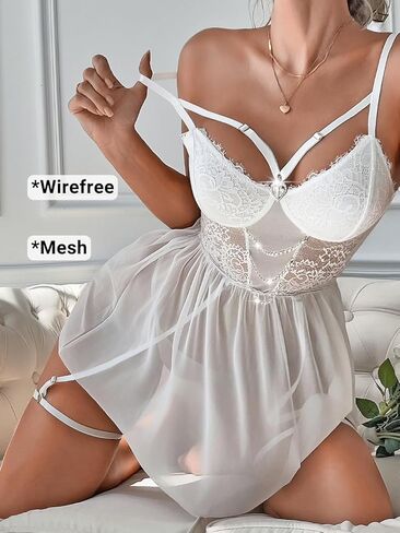 Women Sexy Lingerie, Heart Rhinestone Chain Lace Floral Embroidered Nightgown, Sheer Mesh Babydoll Dress Valentines in Kuwait