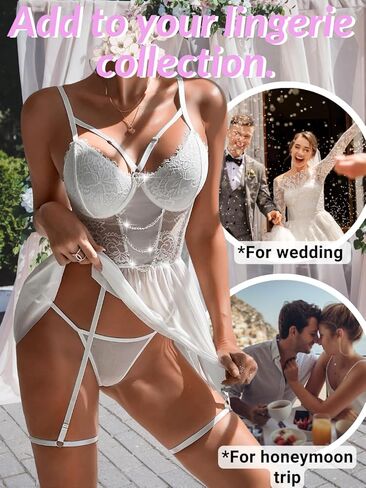 Women Sexy Lingerie, Heart Rhinestone Chain Lace Floral Embroidered Nightgown, Sheer Mesh Babydoll Dress Valentines in Kuwait