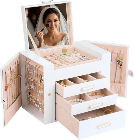 صناديق المجوهرات للنساء ، 4 منظم مجوهرات الطبقة مع بابين لقلن معلقة وخزانة 2 أقراط معلقة ، صندوق مجوهرات كبير مع المرآة (أبيض) in Kuwait