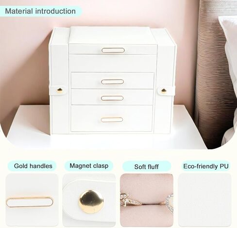 صناديق المجوهرات للنساء ، 4 منظم مجوهرات الطبقة مع بابين لقلن معلقة وخزانة 2 أقراط معلقة ، صندوق مجوهرات كبير مع المرآة (أبيض) in Kuwait
