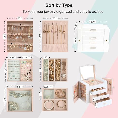 صناديق المجوهرات للنساء ، 4 منظم مجوهرات الطبقة مع بابين لقلن معلقة وخزانة 2 أقراط معلقة ، صندوق مجوهرات كبير مع المرآة (أبيض) in Kuwait