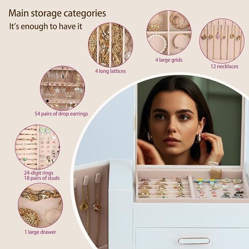 صناديق المجوهرات للنساء ، 4 منظم مجوهرات الطبقة مع بابين لقلن معلقة وخزانة 2 أقراط معلقة ، صندوق مجوهرات كبير مع المرآة (أبيض) in Kuwait