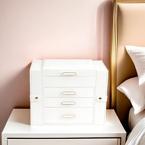 صناديق المجوهرات للنساء ، 4 منظم مجوهرات الطبقة مع بابين لقلن معلقة وخزانة 2 أقراط معلقة ، صندوق مجوهرات كبير مع المرآة (أبيض) in Kuwait