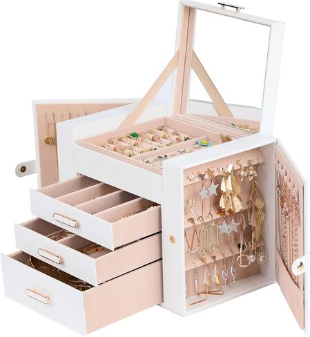 صناديق المجوهرات للنساء ، 4 منظم مجوهرات الطبقة مع بابين لقلن معلقة وخزانة 2 أقراط معلقة ، صندوق مجوهرات كبير مع المرآة (أبيض) in Kuwait