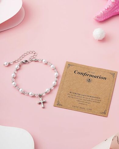 First Communion Gifts for Girls - Pearl Cross Bracelet for Girls First Holy Communion, Baptism, Confirmation Gifts for Teen Girls Granddaughter Daughter Niece in Kuwait