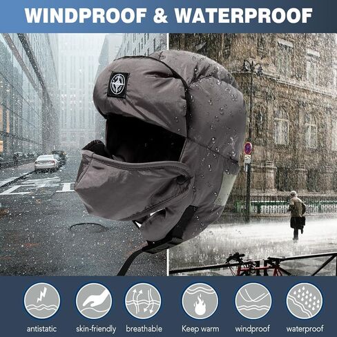 TOP-EX Winter Waterproof Trapper Hat for Men Women with Ear Flaps & Fleece Lined Mask Warm Trooper Hats Reflective Strips in Saudi Arabia