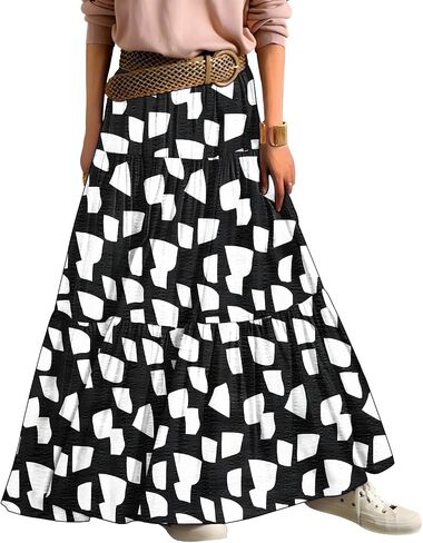 YESNO Women's Summer Boho Floral Maxi Skirts Casual Flowy Tiered A-Line Elastic Waist Skirt with Pockets SK0 in Saudi Arabia