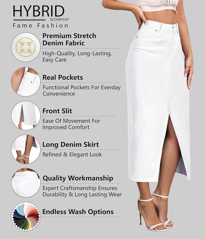 Hybrid & Company Women's Long Denim Skirt – Stretch Jean Skirt for Office and Casual Wear in Kuwait