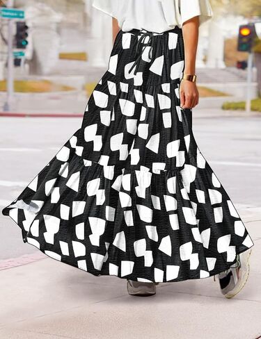 YESNO Women's Summer Boho Floral Maxi Skirts Casual Flowy Tiered A-Line Elastic Waist Skirt with Pockets SK0 in Saudi Arabia