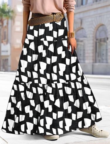 YESNO Women's Summer Boho Floral Maxi Skirts Casual Flowy Tiered A-Line Elastic Waist Skirt with Pockets SK0 in Saudi Arabia