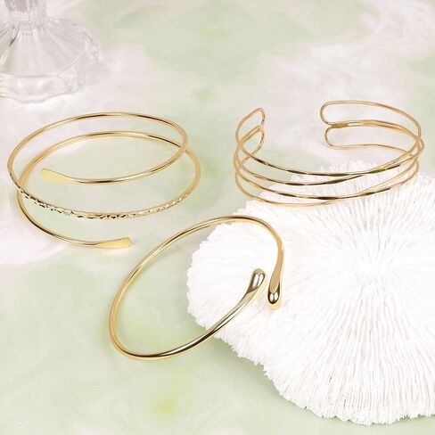 3Pcs Arm Cuff for Women Boho Coil Arm Cuff Bangle Set Adjustable Minimalist Gold Coil Upper Arm Bracelet in Saudi Arabia
