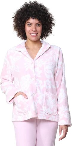 La Cera Women Floral Floral Microfleece سترة مع طوق الماندرين ، والأكمام الطويلة ، والجيوب الأمامية ، وزر الأزرار ، و 100 ٪ بوليستر in Kuwait