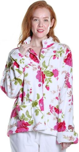 La Cera Women Floral Floral Microfleece سترة مع طوق الماندرين ، والأكمام الطويلة ، والجيوب الأمامية ، وزر الأزرار ، و 100 ٪ بوليستر in Kuwait