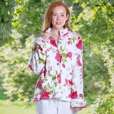 La Cera Women Floral Floral Microfleece سترة مع طوق الماندرين ، والأكمام الطويلة ، والجيوب الأمامية ، وزر الأزرار ، و 100 ٪ بوليستر in Kuwait