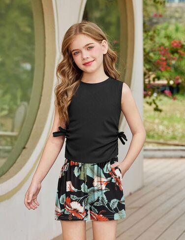 Arshiner Girls Summer Clothing Sets 2 Piece Outfits Knit Ruched Knot Side Tank Top and High Waist Shorts with Pockets in Saudi Arabia