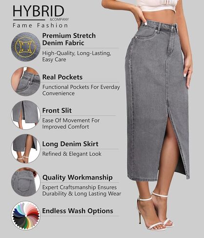 Hybrid & Company Women's Long Denim Skirt – Stretch Jean Skirt for Office and Casual Wear in Kuwait