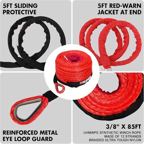 ZESUPER Synthetic Winch Rope 3/8" x 85ft Dyneema 12 Strand Winch Cable Car Tow Recovery Cable Winch Line Recovery Kit Winch Replacement Cable（RED） in Saudi Arabia