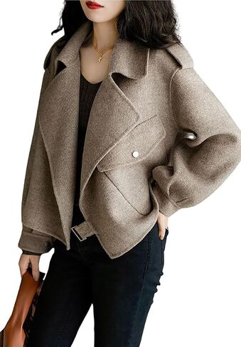 chouyatou Women's Fall Casual Cropped Wool Coat Open Front Loose Dressy Blazer Jacket Short Trench Coat in Saudi Arabia