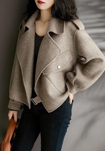 chouyatou Women's Fall Casual Cropped Wool Coat Open Front Loose Dressy Blazer Jacket Short Trench Coat in Saudi Arabia