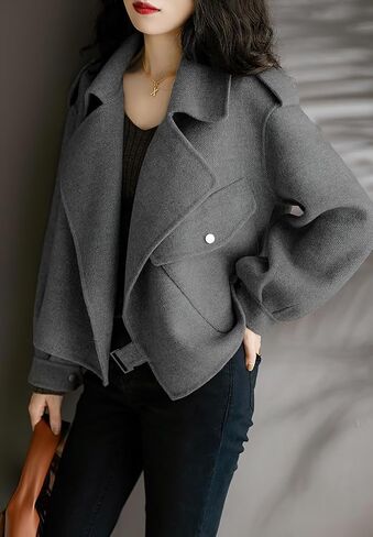 chouyatou Women's Fall Casual Cropped Wool Coat Open Front Loose Dressy Blazer Jacket Short Trench Coat in Saudi Arabia