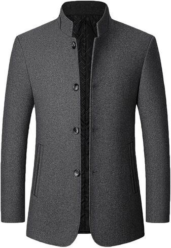 Men's Wool Trench Jacket & Coat Warm Quilted Single Breasted Band Collar Long Sleeve Winter Button Slim Fit Peacoat in Kuwait