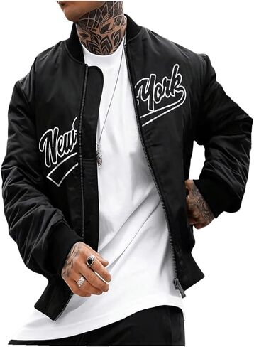 Men's Letter Printed Long Sleeve Bomber Jackets Zip Up Outerwear Coats in Kuwait