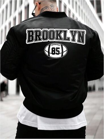 Men's Letter Printed Long Sleeve Bomber Jackets Zip Up Outerwear Coats in Kuwait