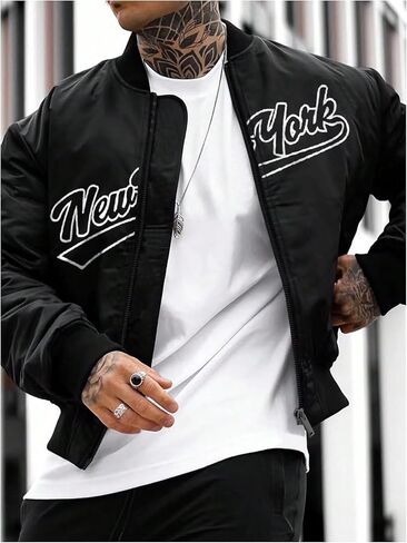 Men's Letter Printed Long Sleeve Bomber Jackets Zip Up Outerwear Coats in Kuwait