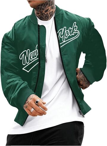Men's Letter Printed Long Sleeve Bomber Jackets Zip Up Outerwear Coats in Saudi Arabia