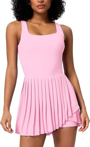 ABOCIW Tennis Dress for Women Square Neck Pleated Athletic Dress with Built-in Shorts & Bra Workout Golf Exercise Dress in Saudi Arabia